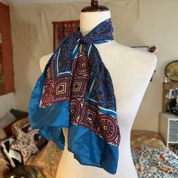 MCM Vintage Made in Japan Paisley Blue and Red Acetate Scarf - Picture 2 of 4
